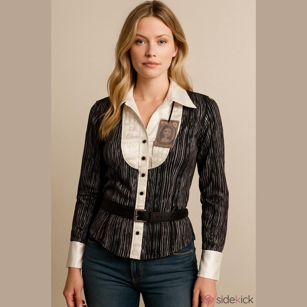 NWT FOXY JEANS TUXEDO STYE STRETCH BELTED BLOUSE XS